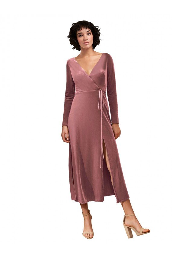 Cheapest Long Sleeve Velvet Faux Wrap Midi Length Bridesmaid Dress / Prom Dress UK