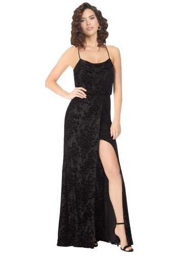 Cheapest Floral Velvet Cowl Neck Bridesmaid Dress with Skirt Slit UK