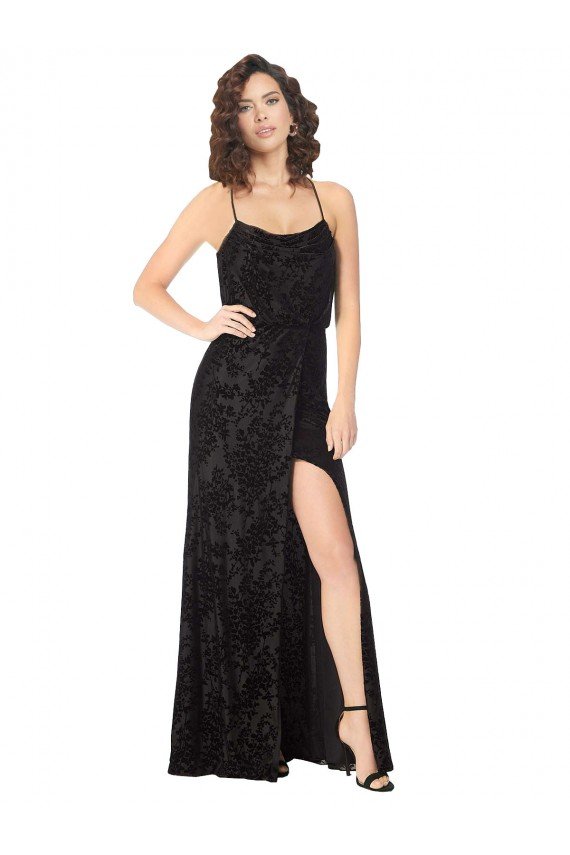 Cheapest Floral Velvet Cowl Neck Bridesmaid Dress with Skirt Slit UK
