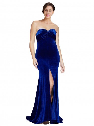 Cheapest Strapless Ruched Formal Velvet Bridesmaid Dress / Prom Dress with Sweep Train and Front Slit UK