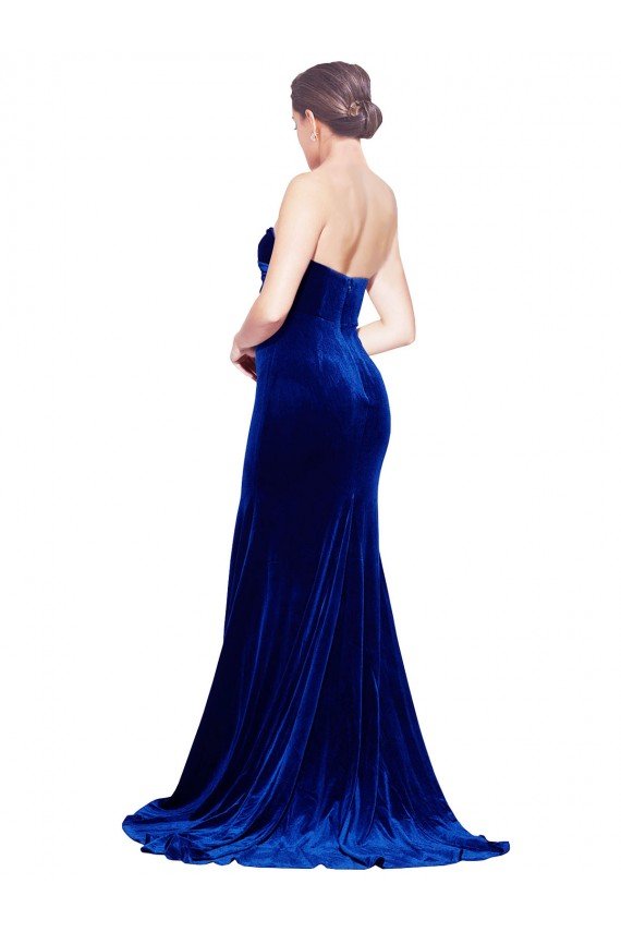 Cheapest Strapless Ruched Formal Velvet Bridesmaid Dress / Prom Dress with Sweep Train and Front Slit UK