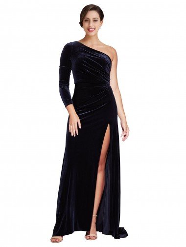 Cheapest One Sleeve Long Formal Velvet Bridesmaid Dress / Prom Dress with Thigh High Split UK