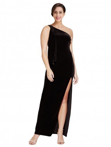 Cheapest One Shoulder Long Formal Velvet Bridesmaid Dress / Prom Dress with Side Split and Shoulder Tie UK